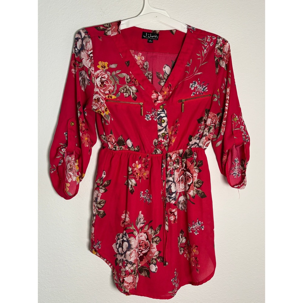 J for Justify Red Floral Tunic Top V-Neck Roll Tab Sleeve Elastic Waist Medium